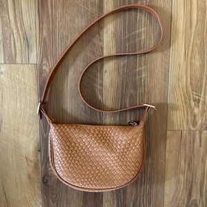 Tan Woven Crescent Purse with Adjustable Strap for Crossbody or Shoulder